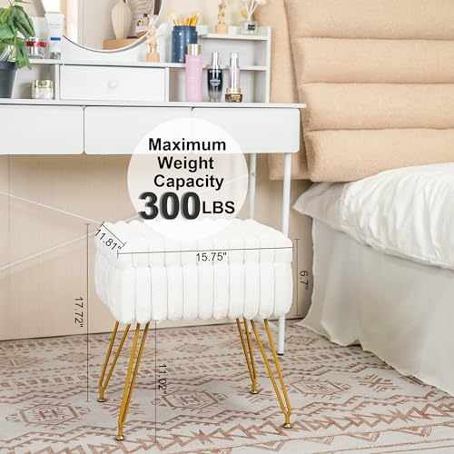 xuperbonus Faux Fur White Vanity Stool Chair with Storage Ottoman, Vanity Cha...