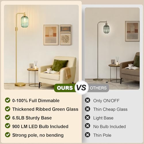 【Upgraded】 Dimmable Floor Lamp for Living Room with Green Ribbed Glass Lampsh...