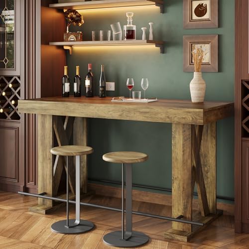 LITTLE TREE 63" Bar Table, Pub Table with Metal Footrest (Rustic Brown,1)