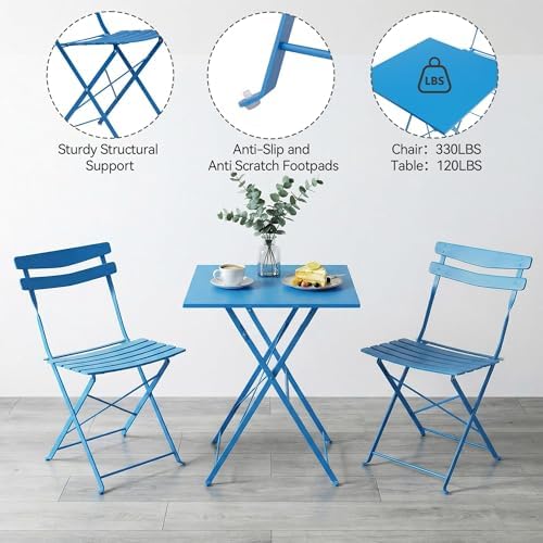 IDEALHOUSE Bistro Table and Chairs Set of 2, Folding Design, Blue