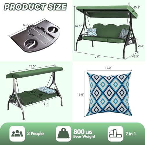 ZZW 3 Seat Outdoor Porch Patio Swing with Stand 800lbs 2-in-1 Convertible Swi...
