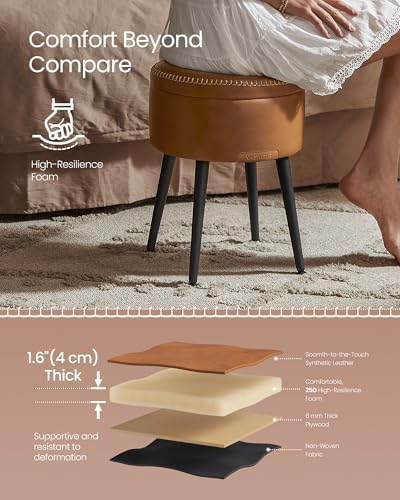 VASAGLE Storage Ottoman, PU Leather Round Seat with Steel Legs