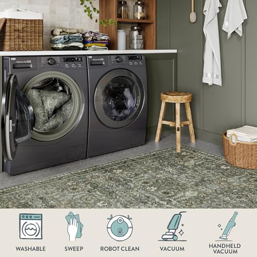 Lahome Dark Olive Green Bedroom Rug, 8x10 Washable Area Rug for Living Room