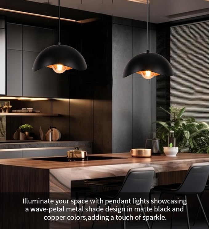 Modern Wave Pendant Light, 11" Black and Gold Dome Shade, LED Ceiling Li...