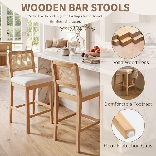 HNY Rattan Counter Bar Stools Set of 4, Farmhouse Bar Stools with Back and Wo...