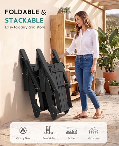 SERWALL Folding Adjustable Adirondack Chairs Set of 2, Cup Holders, Black
