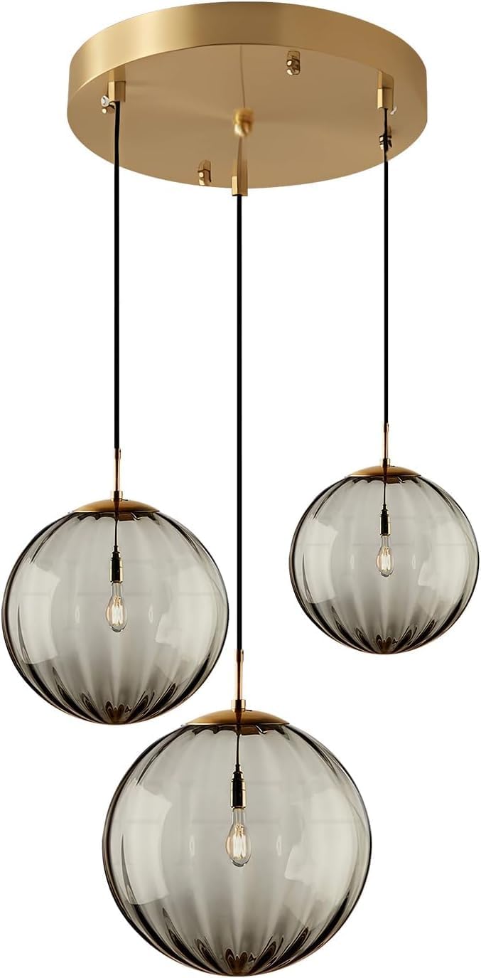 KCO 3-Light Gold Smoke Ribbed Glass Globe Cluster Chandelier Light Fixture