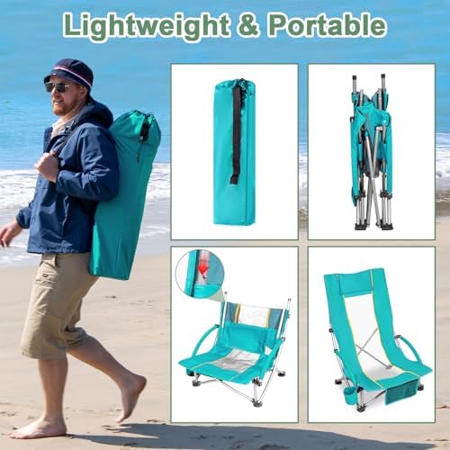 Romswi High Back Beach Chair, Compact Lightweight Low Seat Camping Chair, Fit...