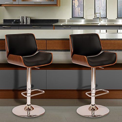 Armen Living London Modern Adjustable Height Swivel Black Faux Leather and Wa...