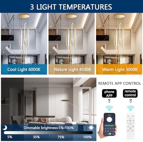 6-Rings Modern Chandelier, LED Gold Large Contemporary Light for Staircase, D...