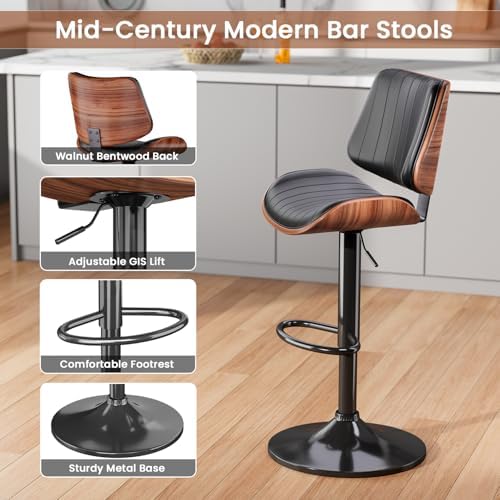 Swivel Bar Stools 2PCS, Adjustable Bentwood Barstools for Kitchen Counter