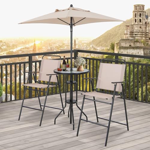 GIANTEX 4-Piece Outdoor Bar Set, Round High Top Bar Table with 2 Folding Coun...