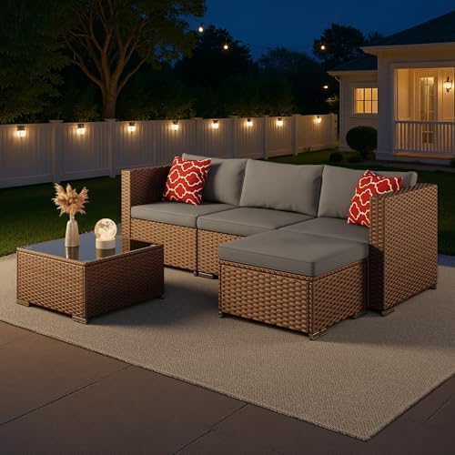Aiho 5 Pieces Patio Furniture Set All-Weather Outdoor Wicker Sectional Patio ...
