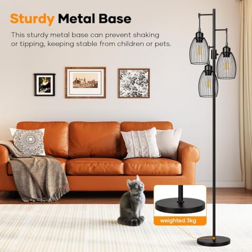 Dimmable Floor Lamp, 3 x 800LM LED Edison Bulbs Included, Farmhouse Industria...
