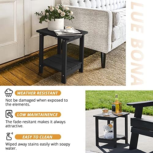 LUE BONA Outdoor Side Table, 2-Tier HDPS Small Patio Table, Black