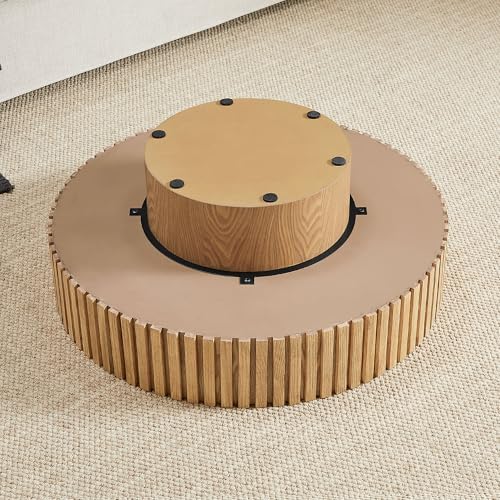 KEVINSPACE Round Coffee Table, 39" Big Wooden Fluted Coffee Table with F...