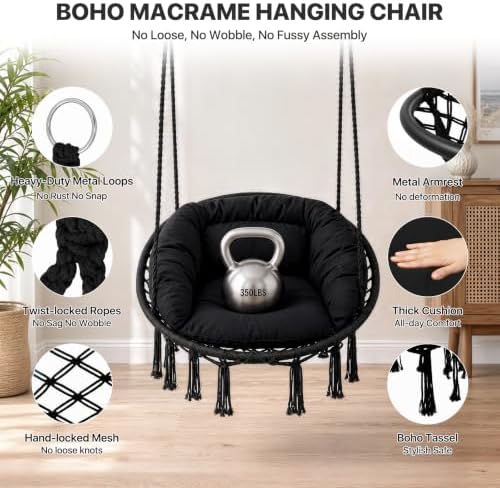 Athena Collection Hammock Chair with Hardware Kit & Cozy Cushion, Black