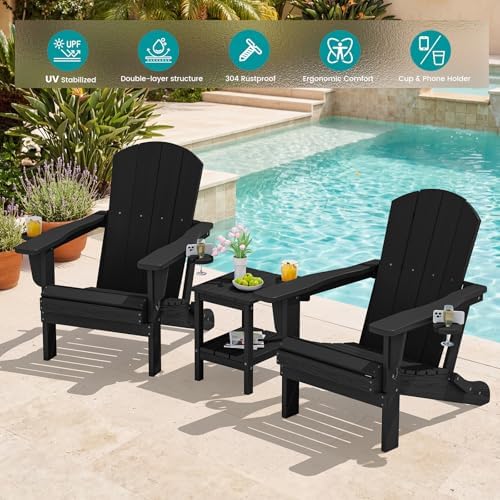 SERWALL Outdoor Adirondack Chair Set of 2 with Cup Holders,Foldable,Black