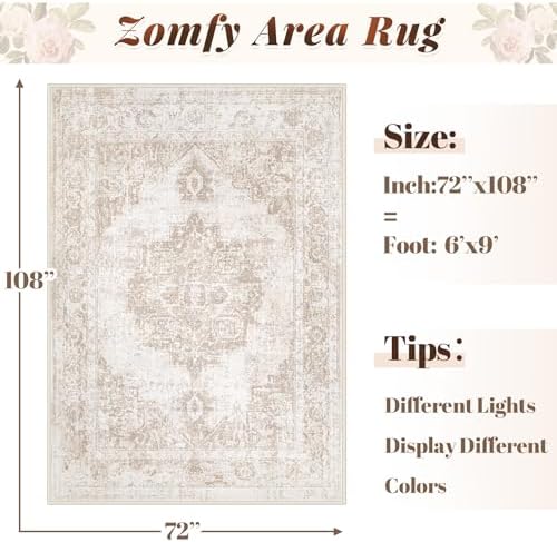 Area Rug 6x9 Vintage Rug: Washable Indoor Medallion Rugs Low Pile Distressed ...