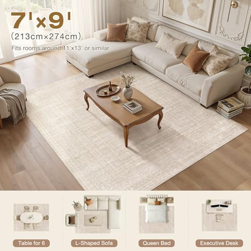 Nakagishi Neutral 7x9 Area Rugs for Living Room Washable, Beige