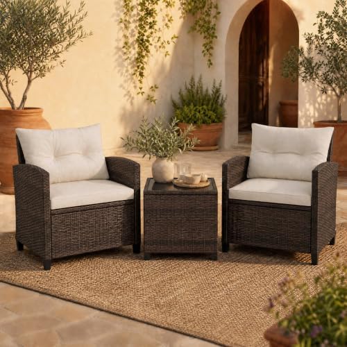COSTWAY 3PCS Wicker Patio Furniture Set with Cushions for Balcony and Porch