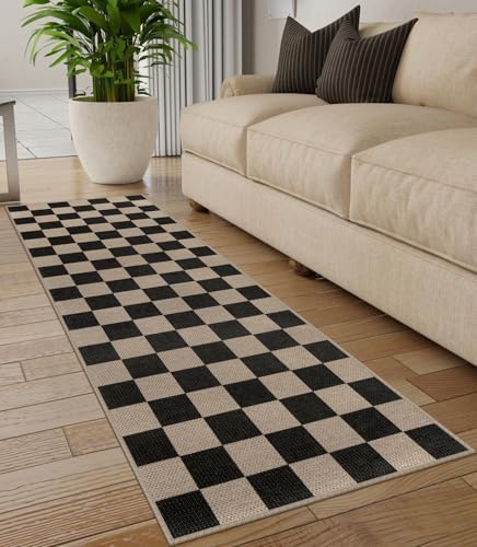 Rugalia Easy Jute Checkered Runner Rug, 2.6x8 Black Modern Washable Rugs Runn...