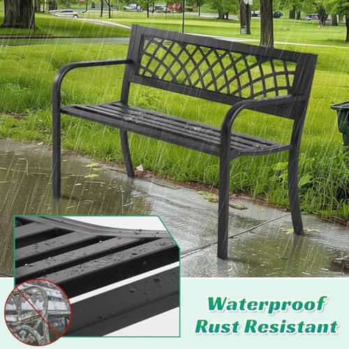 Dkeli Patio Outdoor Bench Park Metal Sturdy Cast Iron Garden Benches Porch Ch...