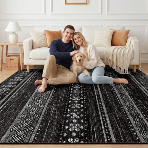 8x10 Washable Area Rugs for Living Room Boho Bedroom Rug Black/White