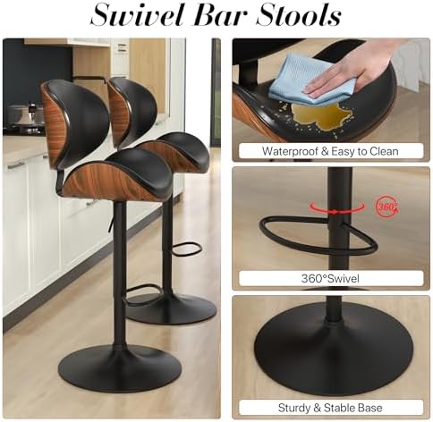 KCC Bar Stools for Kitchen Swivel Bentwood Barstools,Set of 2,Black PU