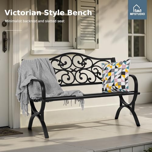 MFSTUDIO 50 Inches Outdoor Garden Bench Cast Iron Metal Frame, Floral Black