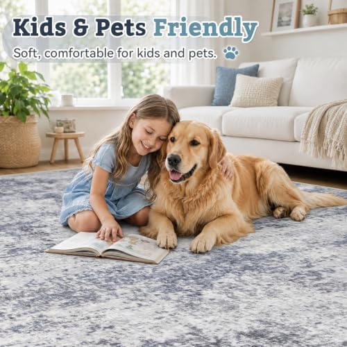 8x10 Area Rugs for Living Room: Washable Abstract Rug Blue Grey