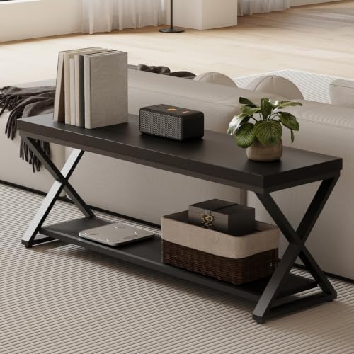 IBF Rustic Entryway Bench with Storage, Black Wood and Metal Bench