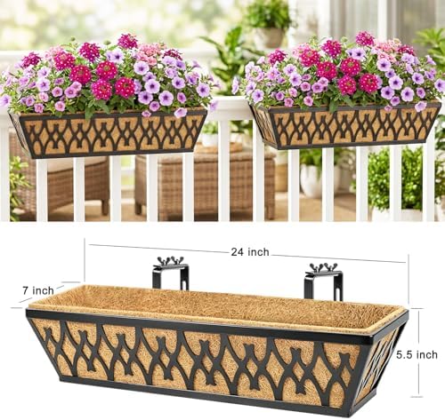 2 Pack 24 Inch Window Boxes Planters Railing Planter Box with Adjustable Brac...
