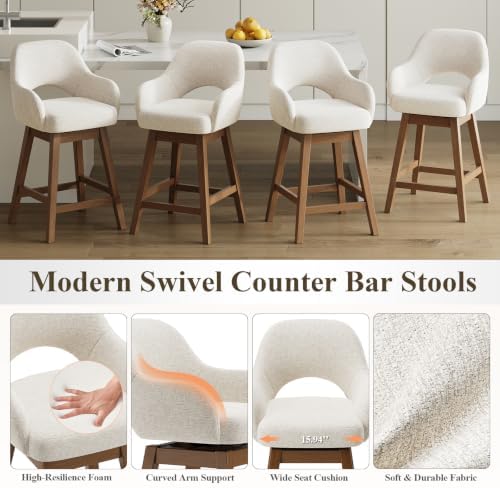 Swivel Bar Stools Set of 2, Modern Fabric Upholstered Counter Height Stools w...