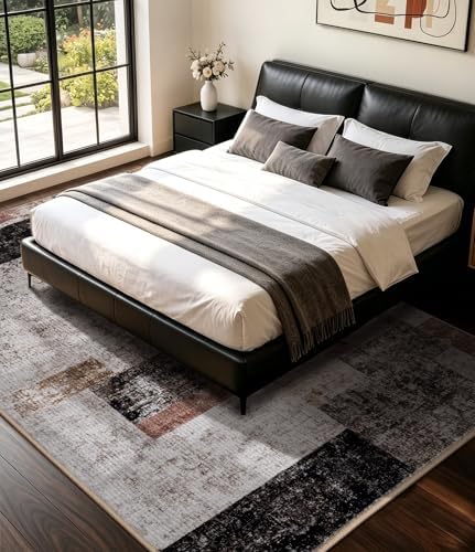 YIHOUSE Modern Washable 5x7 Area Rugs for Living Room, Black Geometric Patchw...
