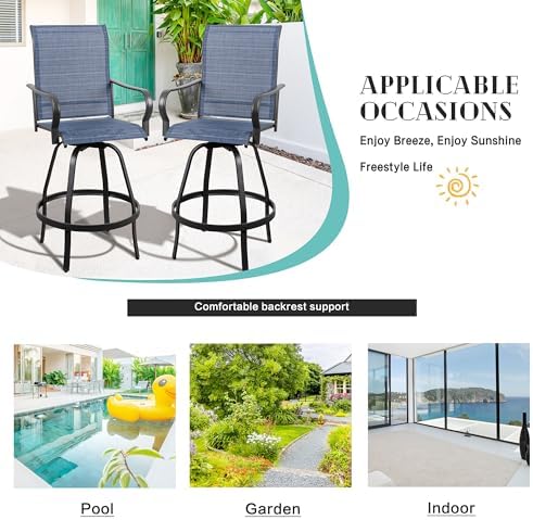 Vongrasig 2 Piece Patio Swivel Bar Chairs, All Weather Metal Textile High Swi...