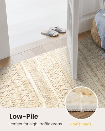 Amada Homefurnishing 9x12 Washable Area Rugs, Beige Boho Geometric Low-Pile R...