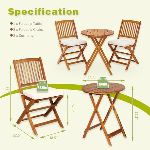 S AFSTAR 3 Pieces Patio Bistro Set, Acacia Wood Bistro Set Folding Chair with...