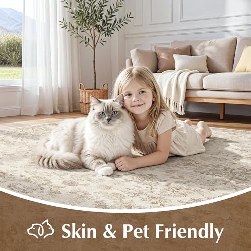 Beauoop 8x10 Washable Beige Neutral Vintage Oriental Area Rug for Bedroom