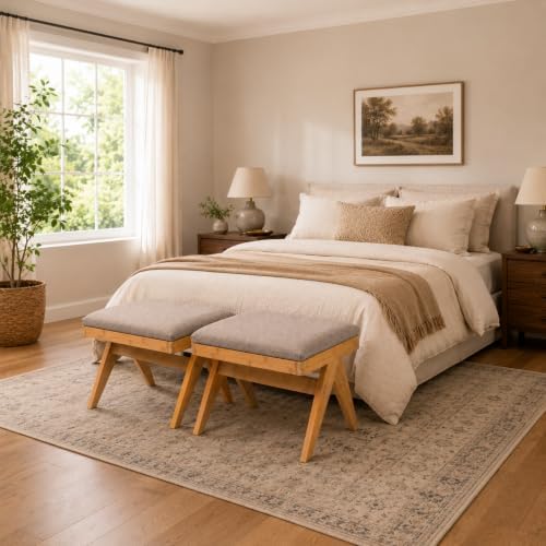 BAMBOOHOMIE Square Foot Stool Ottoman, Large Vanity Stool with Thickened Bamb...
