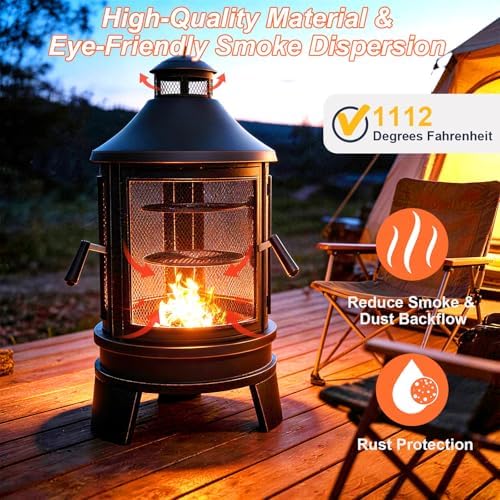 Gotland 2 in 1 Metal Chimenea with Grill, Outdoor Fire Pit with Adjustable Gr...