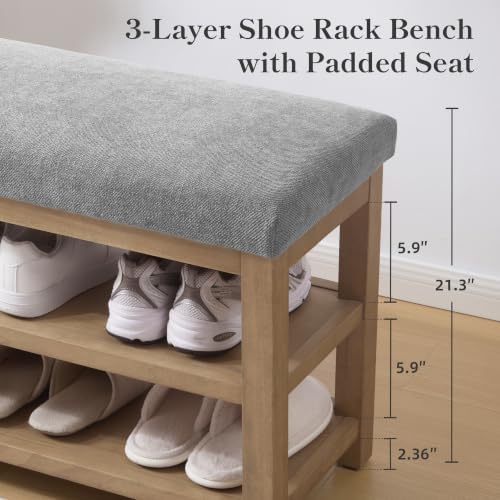 Zihanhome Shoe Rack Bench with Cushion, 2 Tier Solid Wood Storage Bench, Mid-...