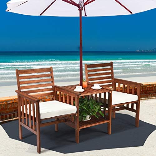 Tangkula Acacia Wood Loveseat, 3pcs Outdoor Table Chairs Set, Patio Conversat...