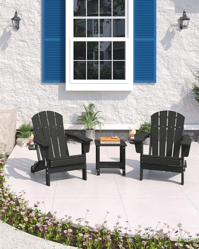 HDPE Folding Adirondack Chair Set of 2 with Side Table, Black