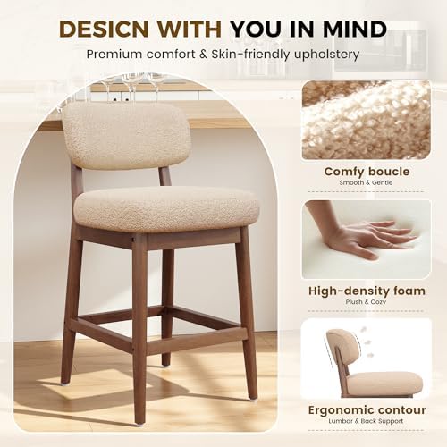 Solid Wood Counter Height Bar Stools Set of 2, Fluffy Boucle Bar Chairs with ...