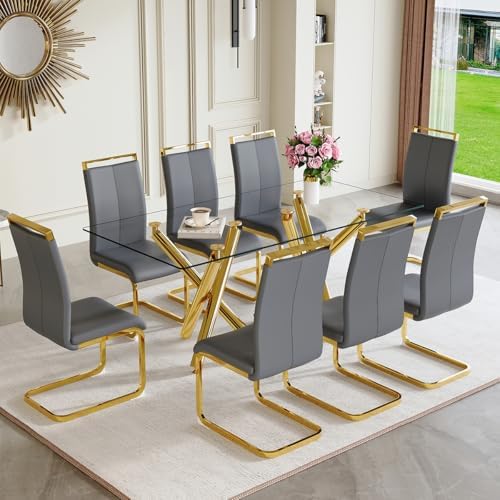 AZmac Modern Dining Table Set for 8 with Gold Metal Frame, 9-Piece Glass Dini...