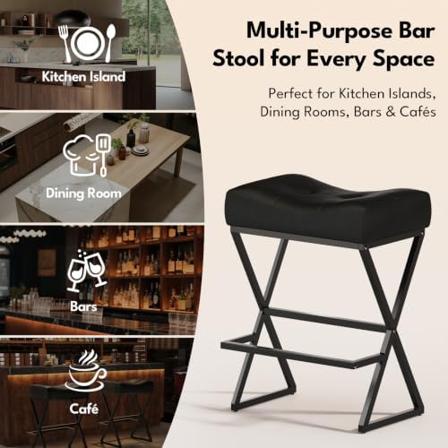 Counter Height Bar Stools Set of 3, Backless 26" Saddle Barstools, Black