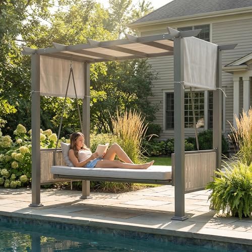 Pamapic 3-Seat Porch Swing with Stand, 990 LBS 2 in 1 Convertible Bed Patio S...