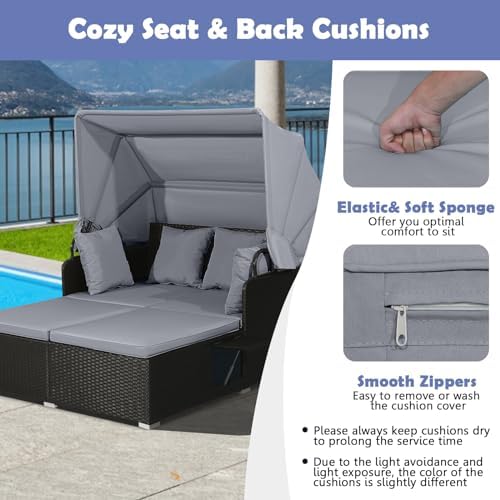 Tangkula Patio Rattan Daybed with Retractable Canopy, Outdoor Wicker Sunbed L...