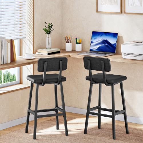 HOOBRO Black Bar Stools, Set of 2 PU Upholstered Tall Bar Stools, Kitchen Bre...